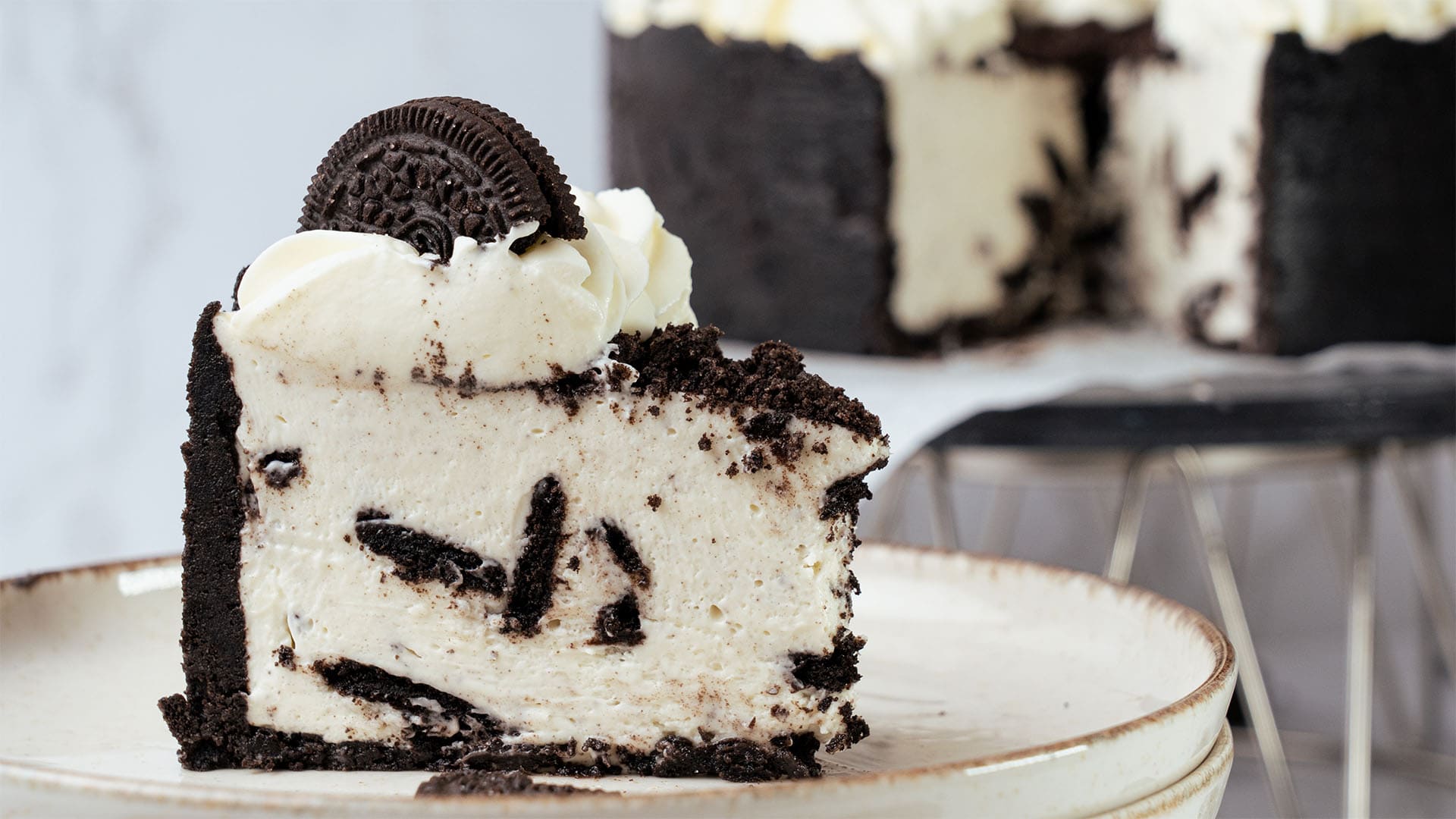 a slice of Oreo cheesecake.