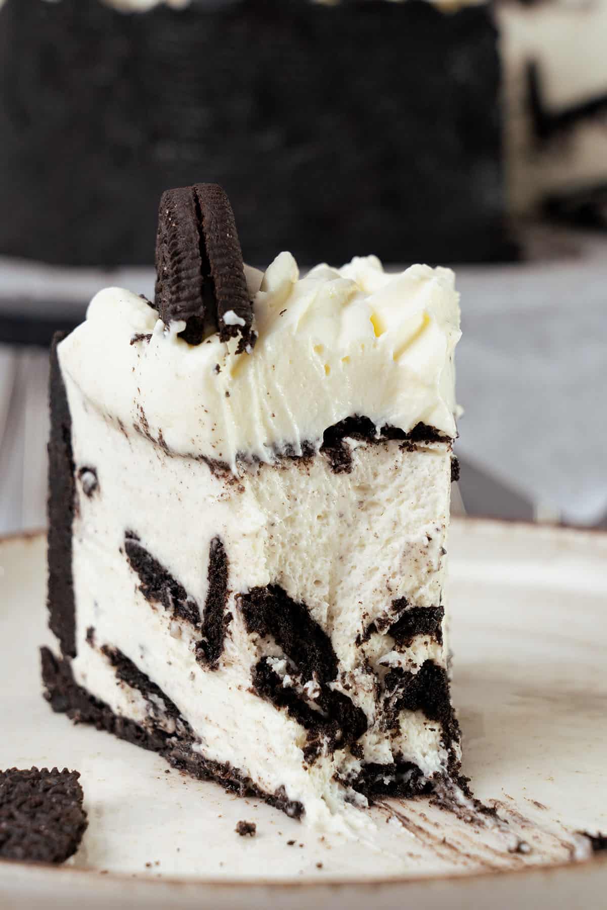 a slice of Oreo cheesecake.