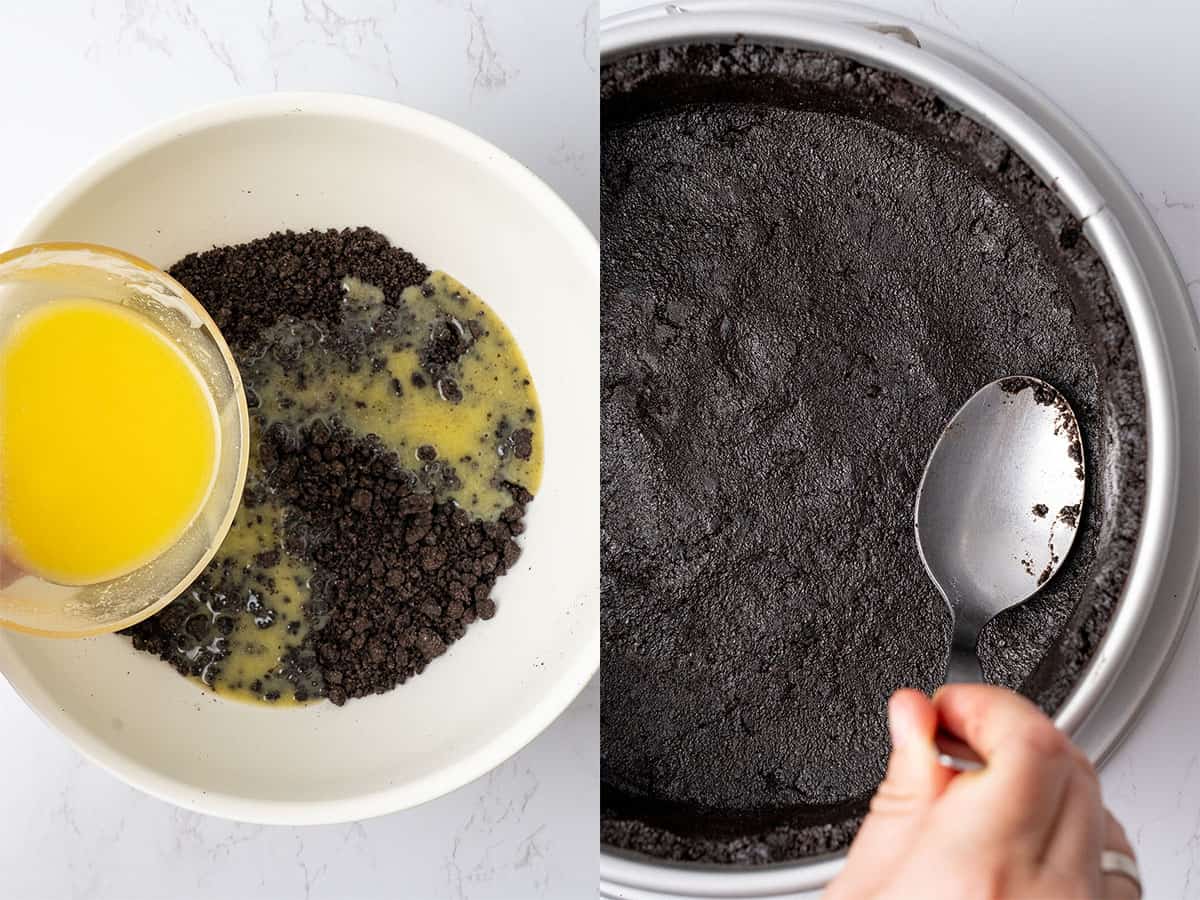 Making the Oreo cheesecake crust.