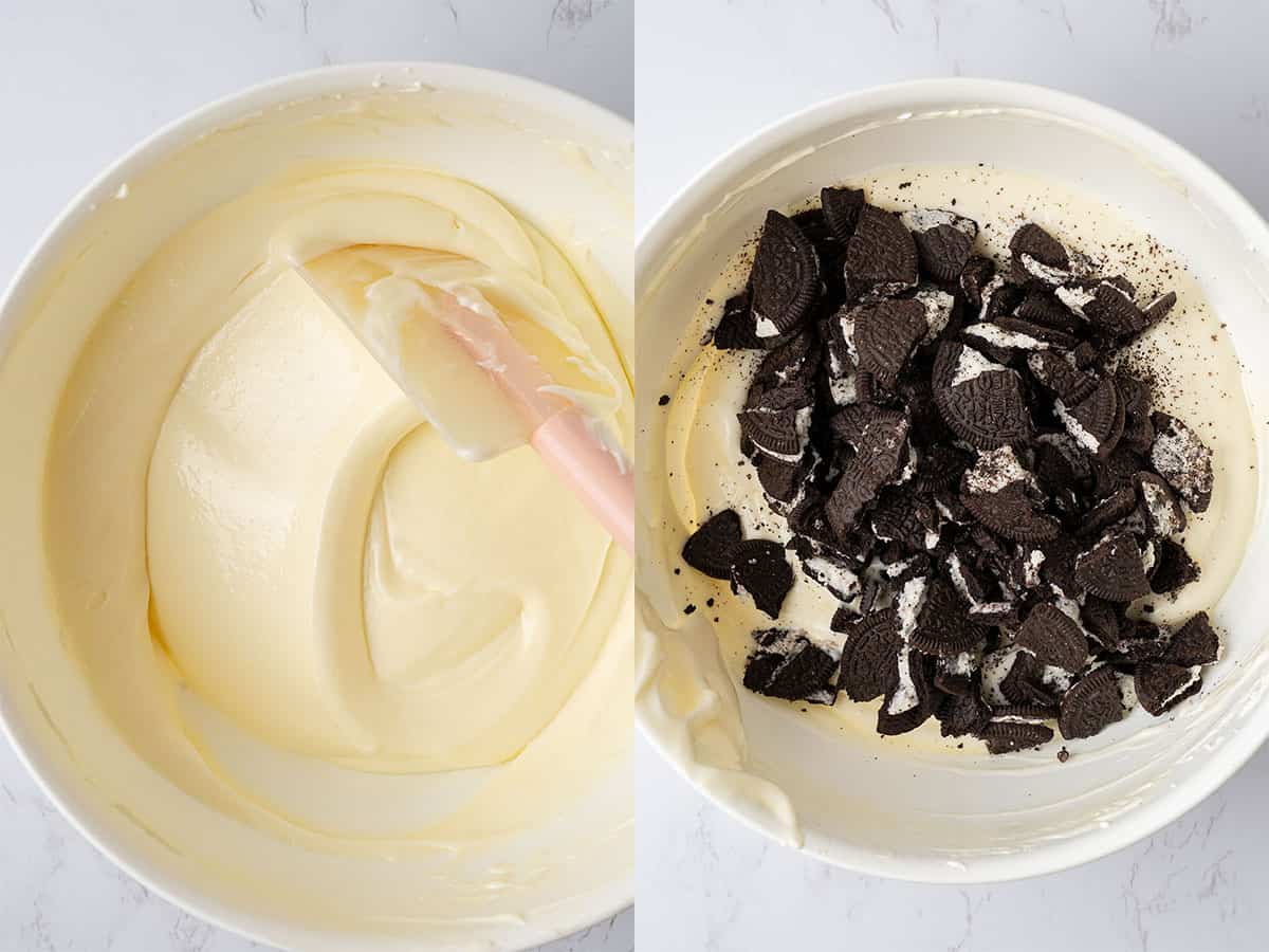 Folding in chopped Oreo pieces.