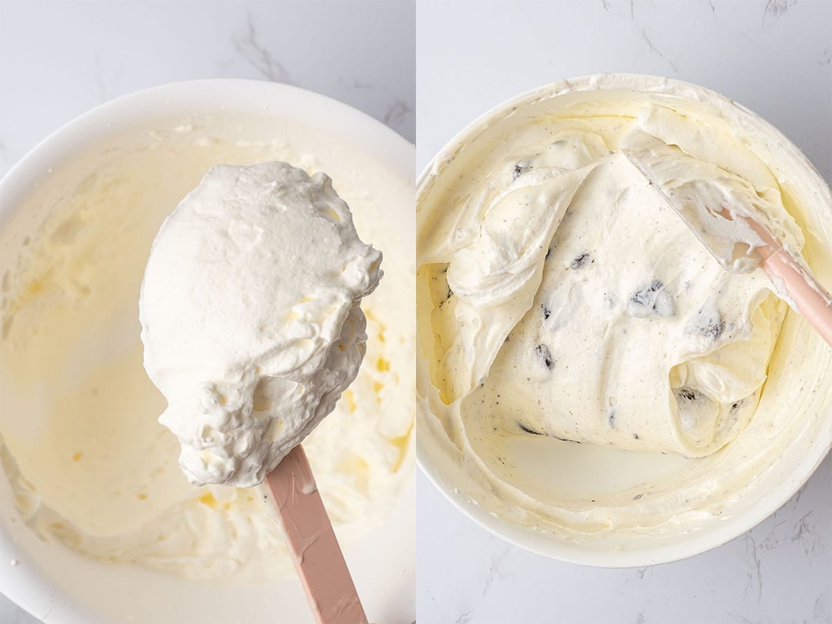 Fold the whipped heavy cream into the cream cheese and Oreo mixture.