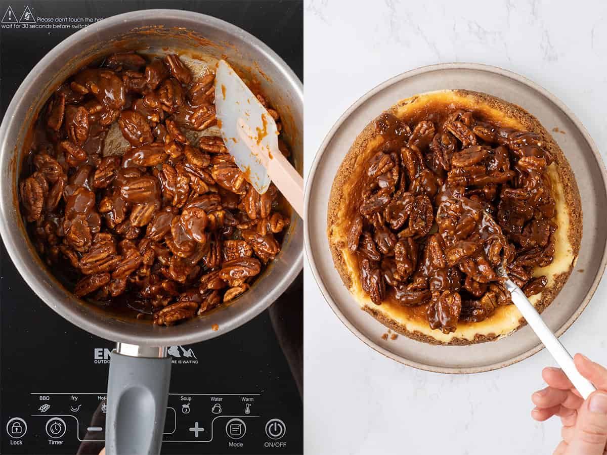 Adding Pecan caramel decoration to the cheesecake.