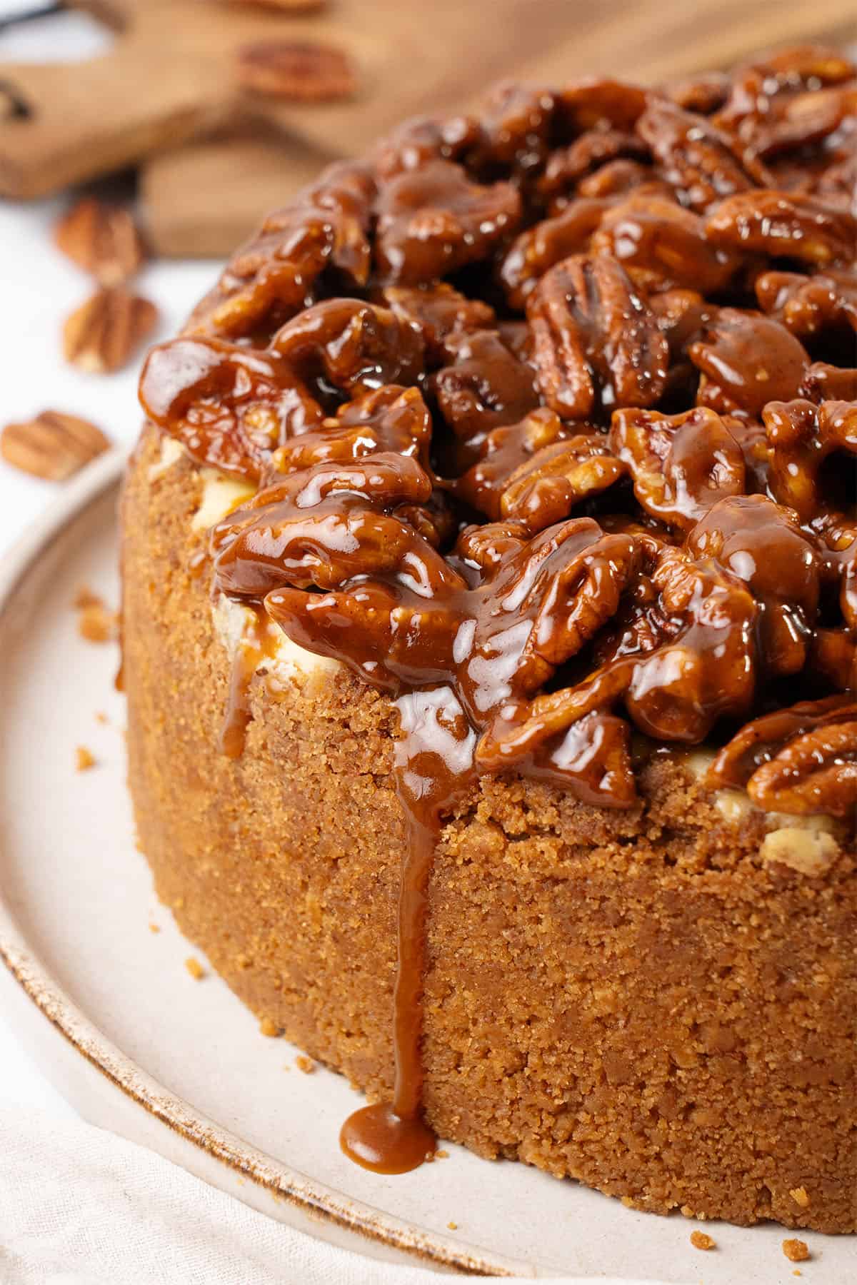 Pecan Pie cheesecake on a plate.