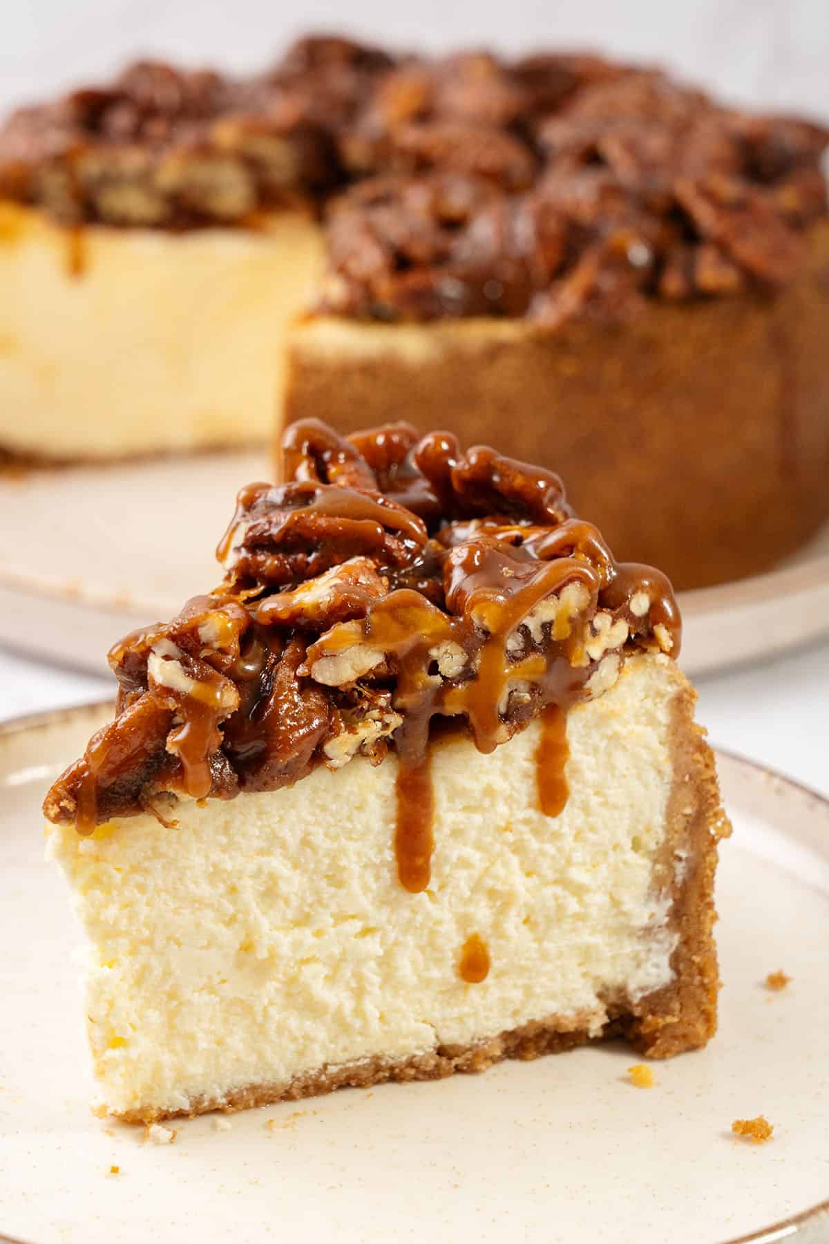 A slice of Pecan Pie cheesecake on a plate.