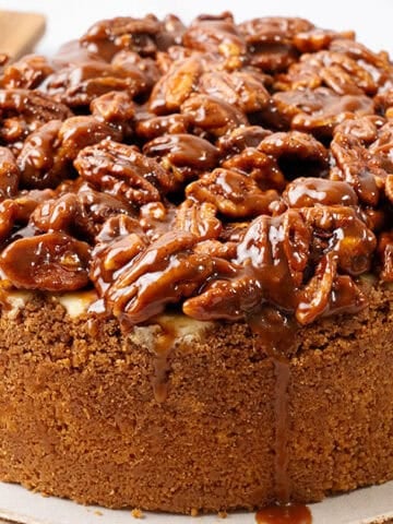 Pecan Pie cheesecake on a plate.