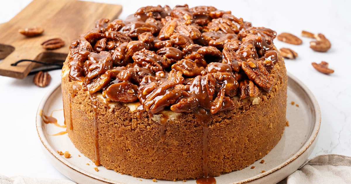 Pecan Pie cheesecake on a plate.