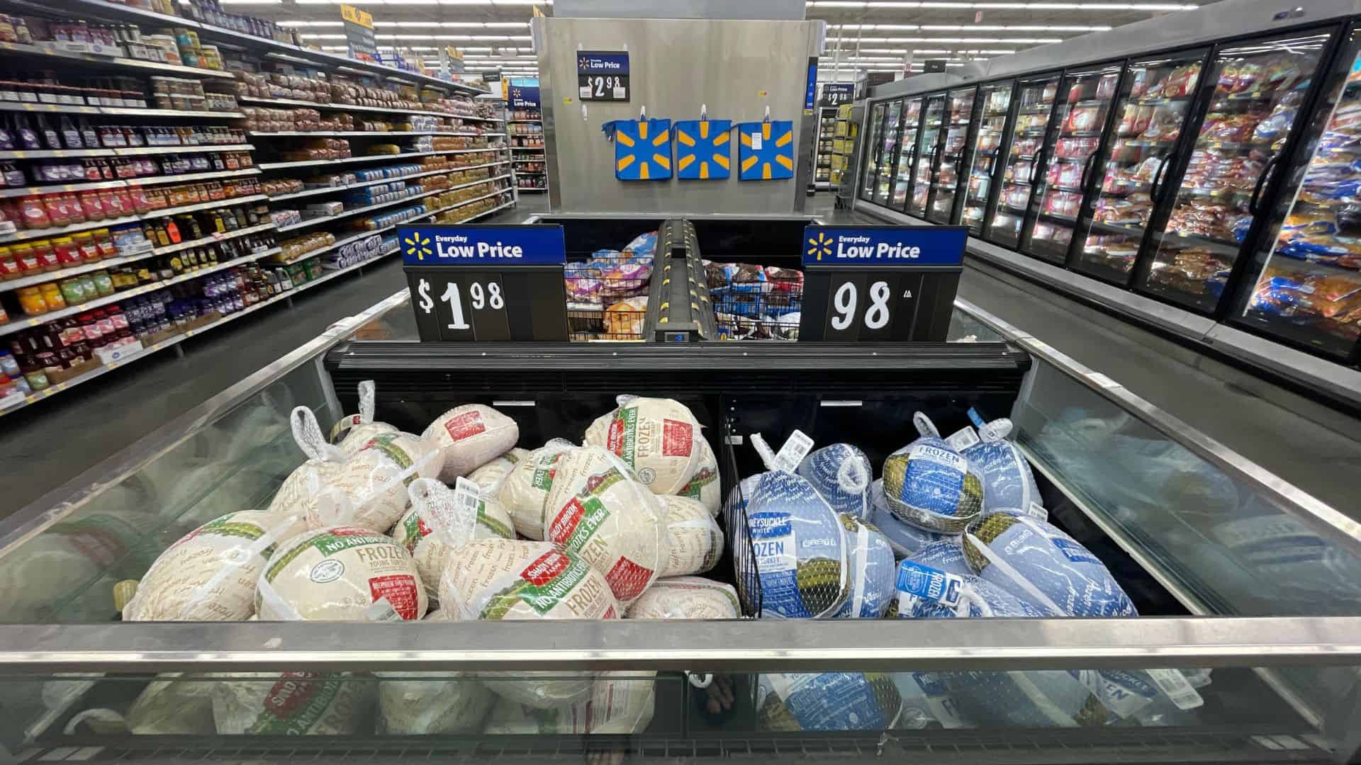 Walmart grocery store Frozen turkey display for holidays