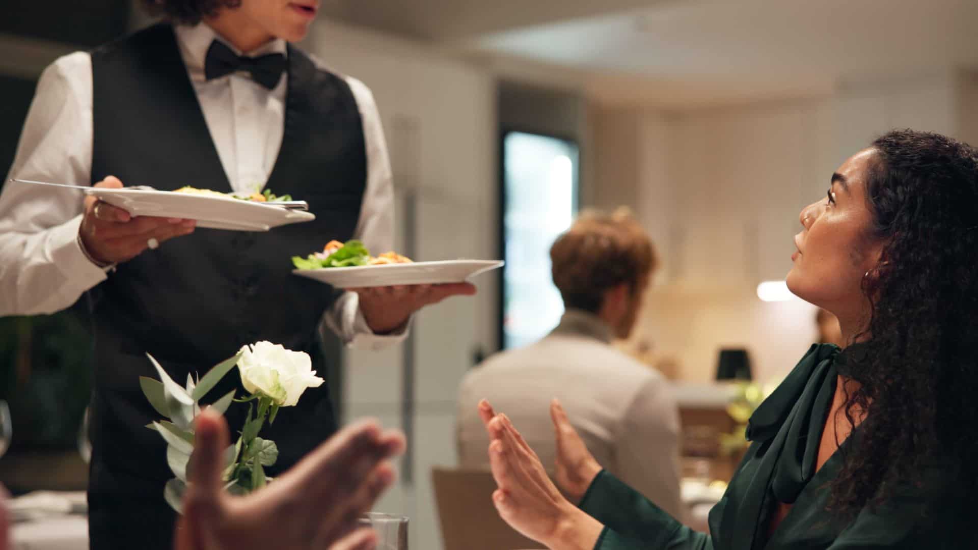 Anger, food and unhappy woman in restaurant