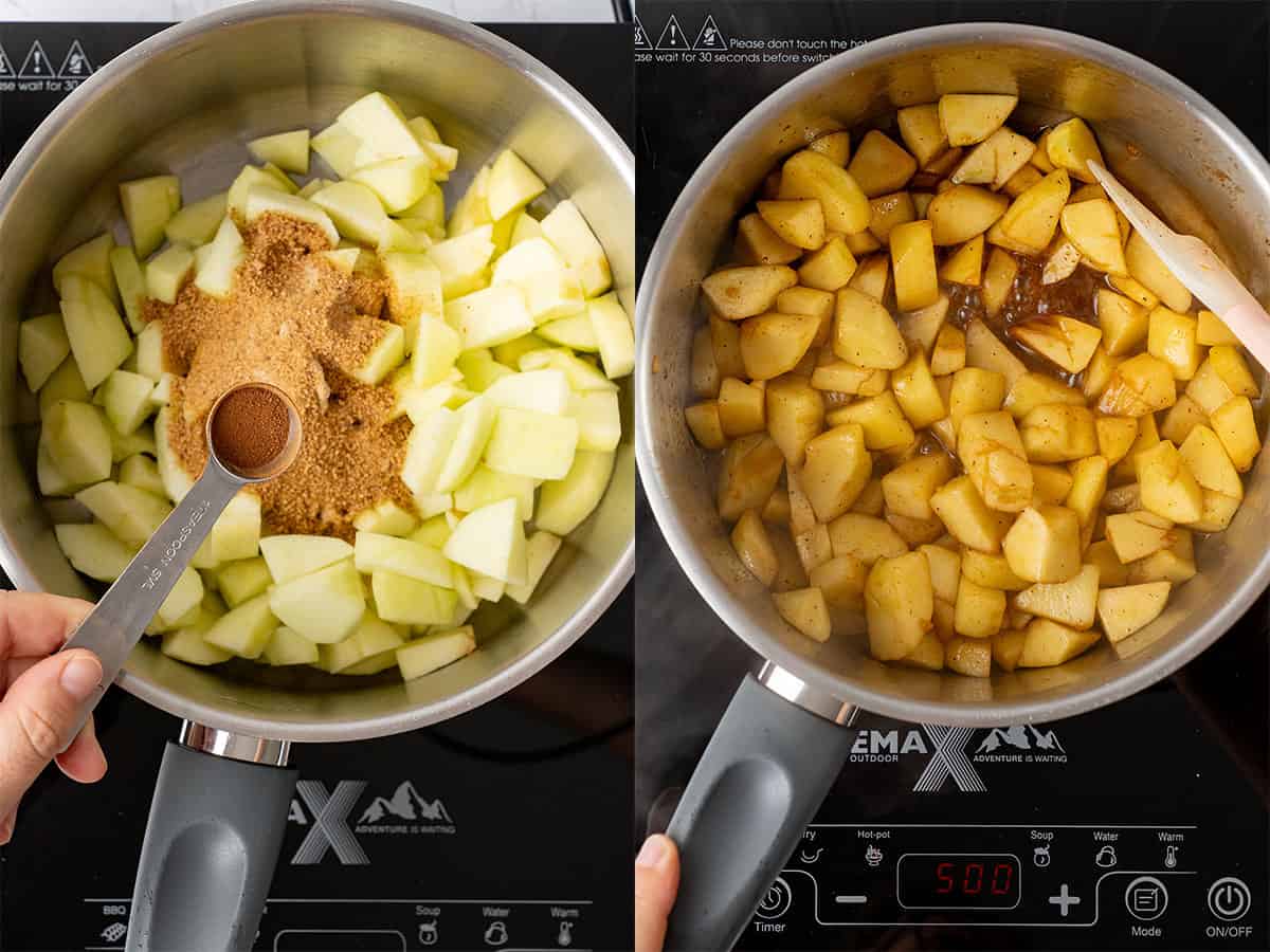 Making the apple topping on a stove.