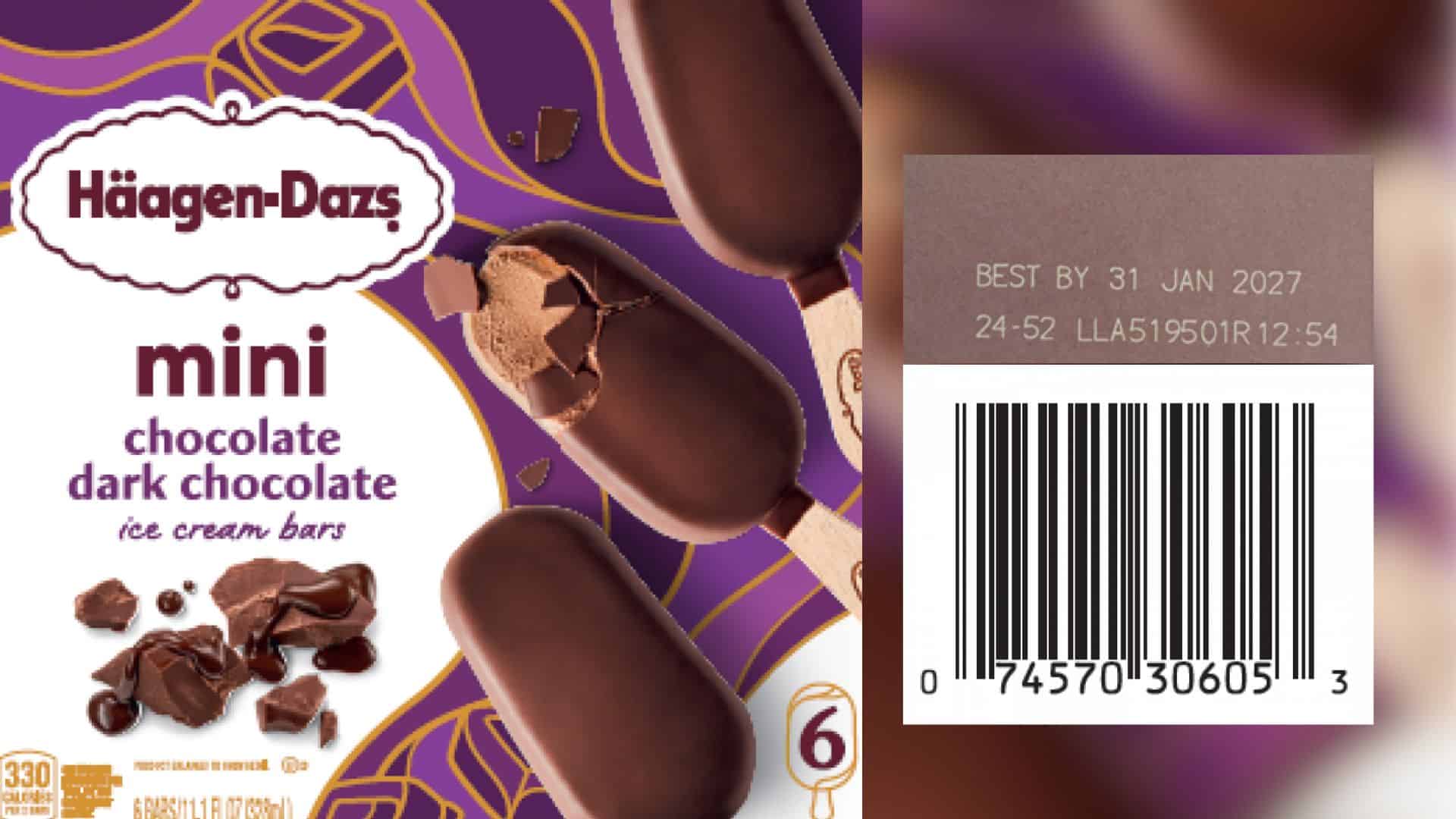 Häagen-Dazs Chocolate Dark Chocolate Mini Bars with label and barcode