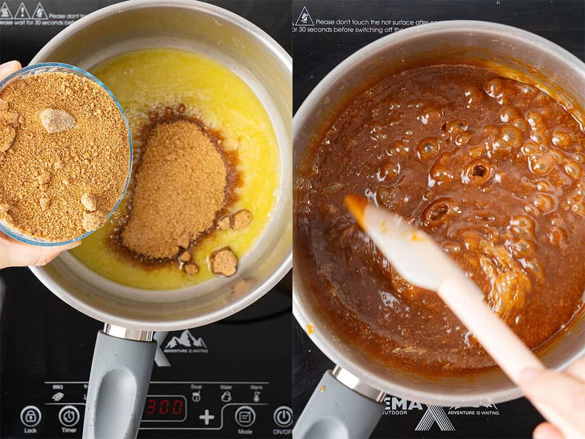 Melt the brown sugar and butter together.