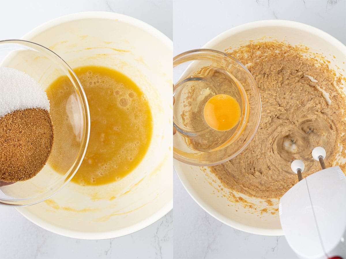 Mix brown butter with sugar and eggs.
