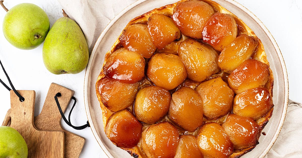 Pear Tarte tatin feature on a plate.