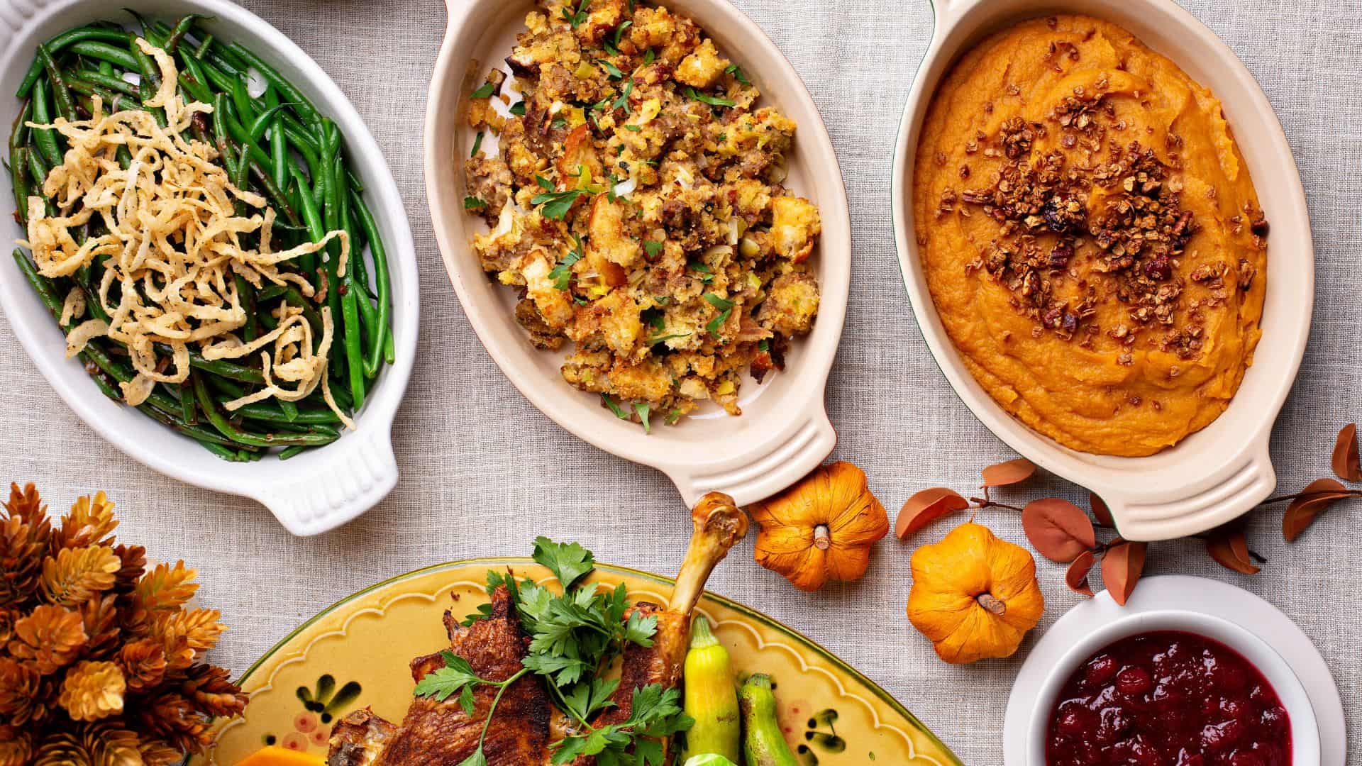 Traditional Thanksgiving sides, green beans casserole, stuffing and sweet potatoes