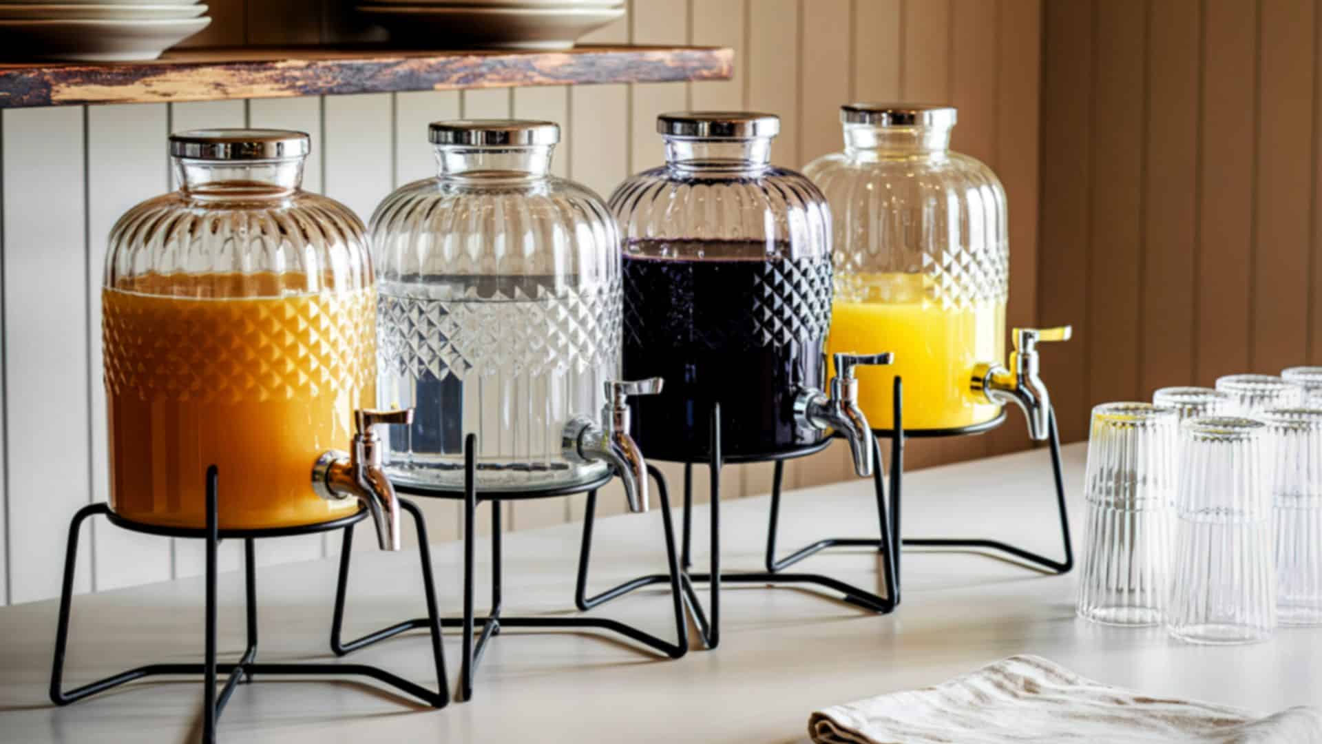 glass beverage dispensers with assorted drinks and stacked glasses