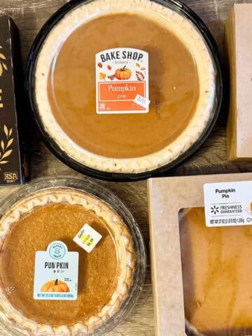 5 different pumpkin pies from various supermarkets.