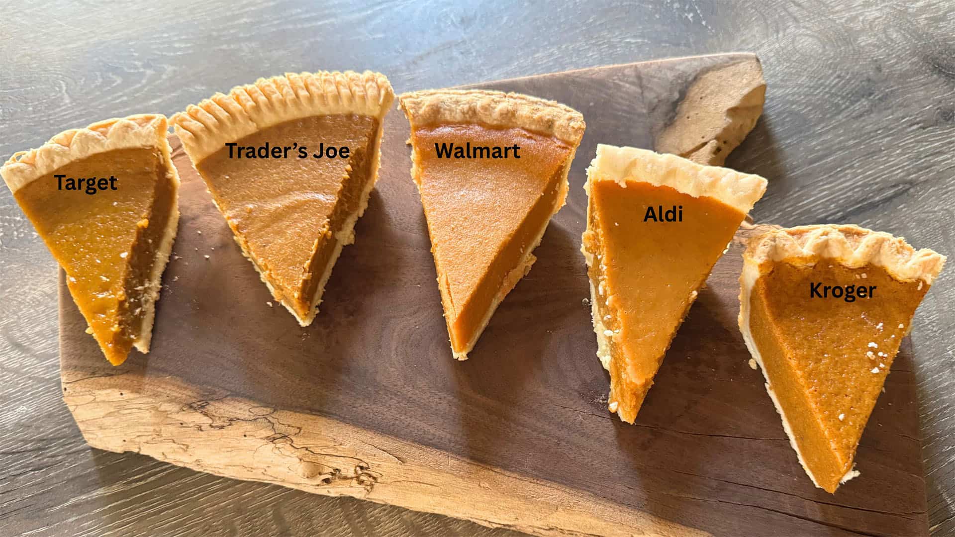 5 different pumpkin pie slices from various supermarkets.