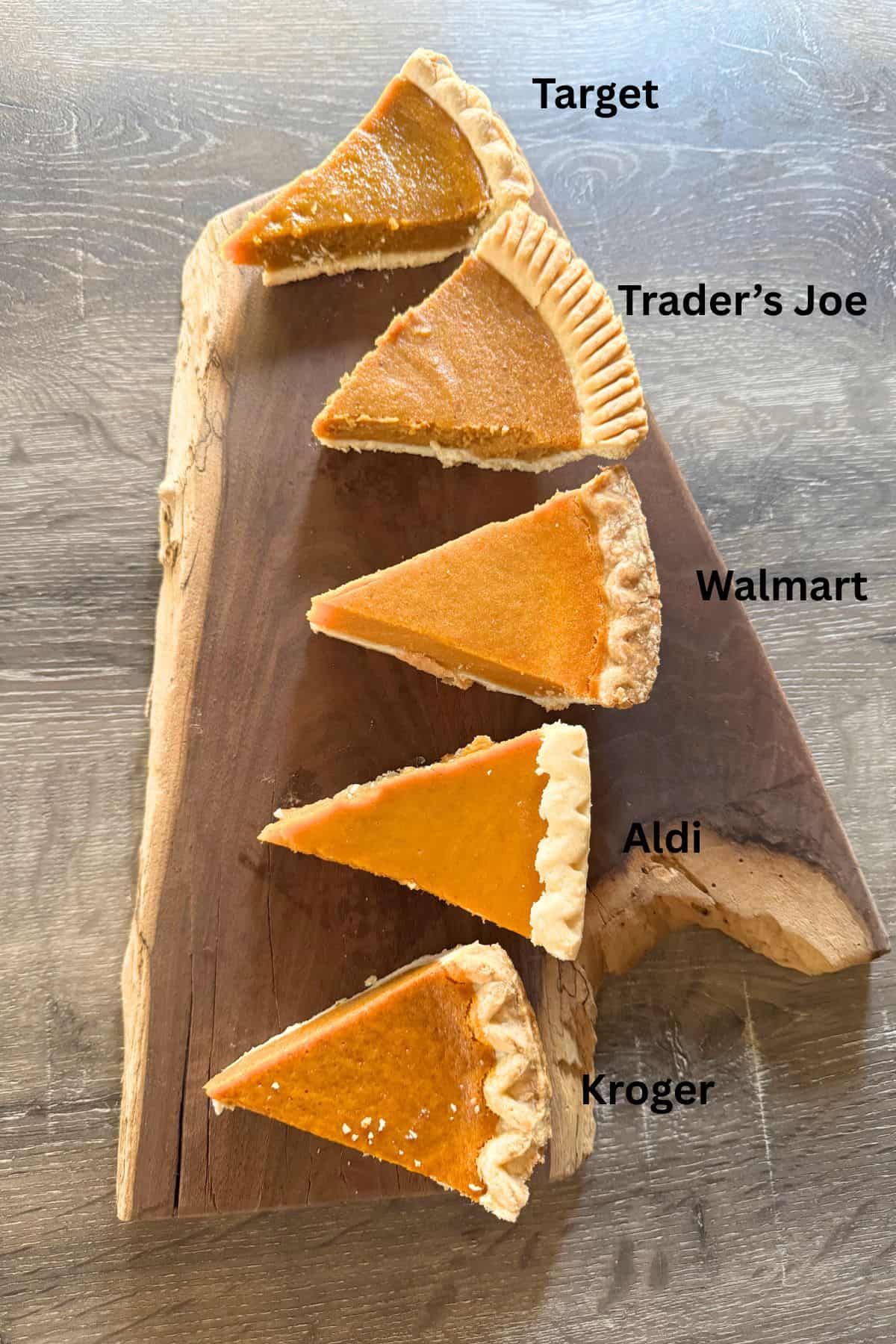 5 different pumpkin pie slices from various supermarkets.
