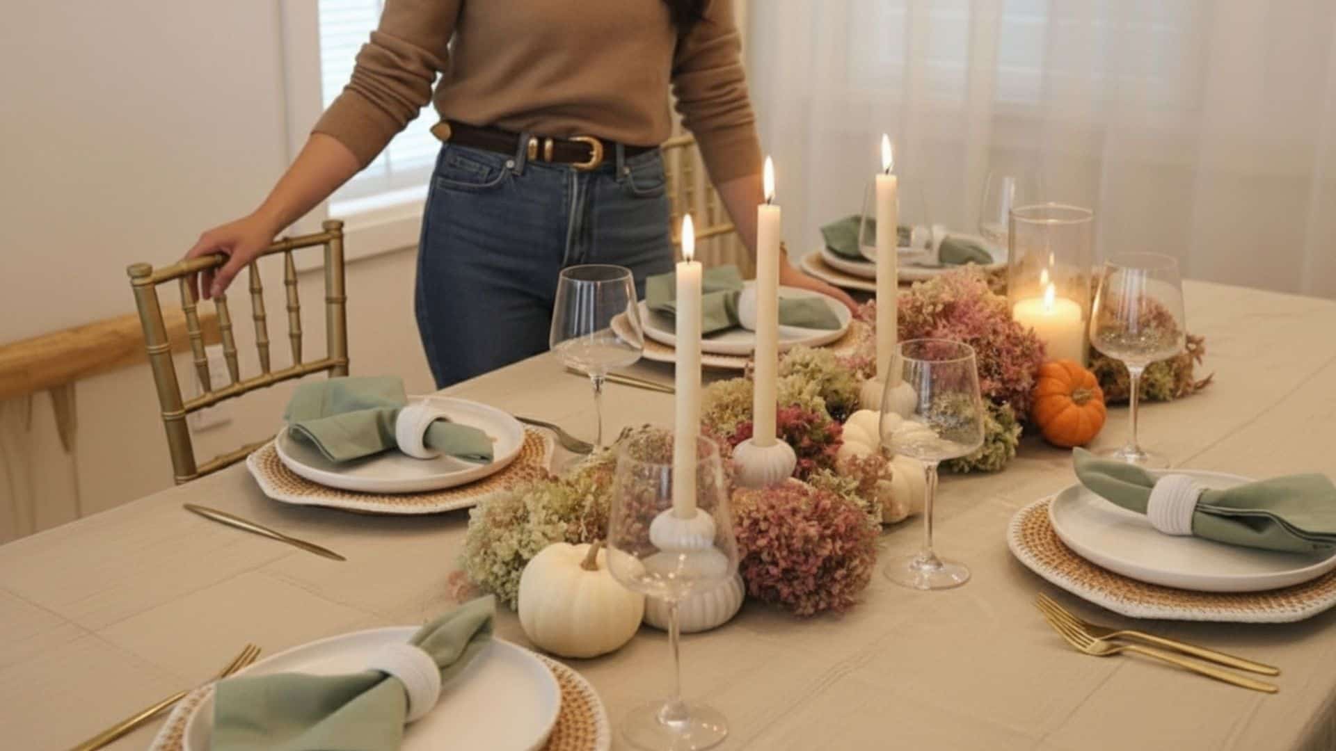 woman standing by an elegant thanksgiving table
