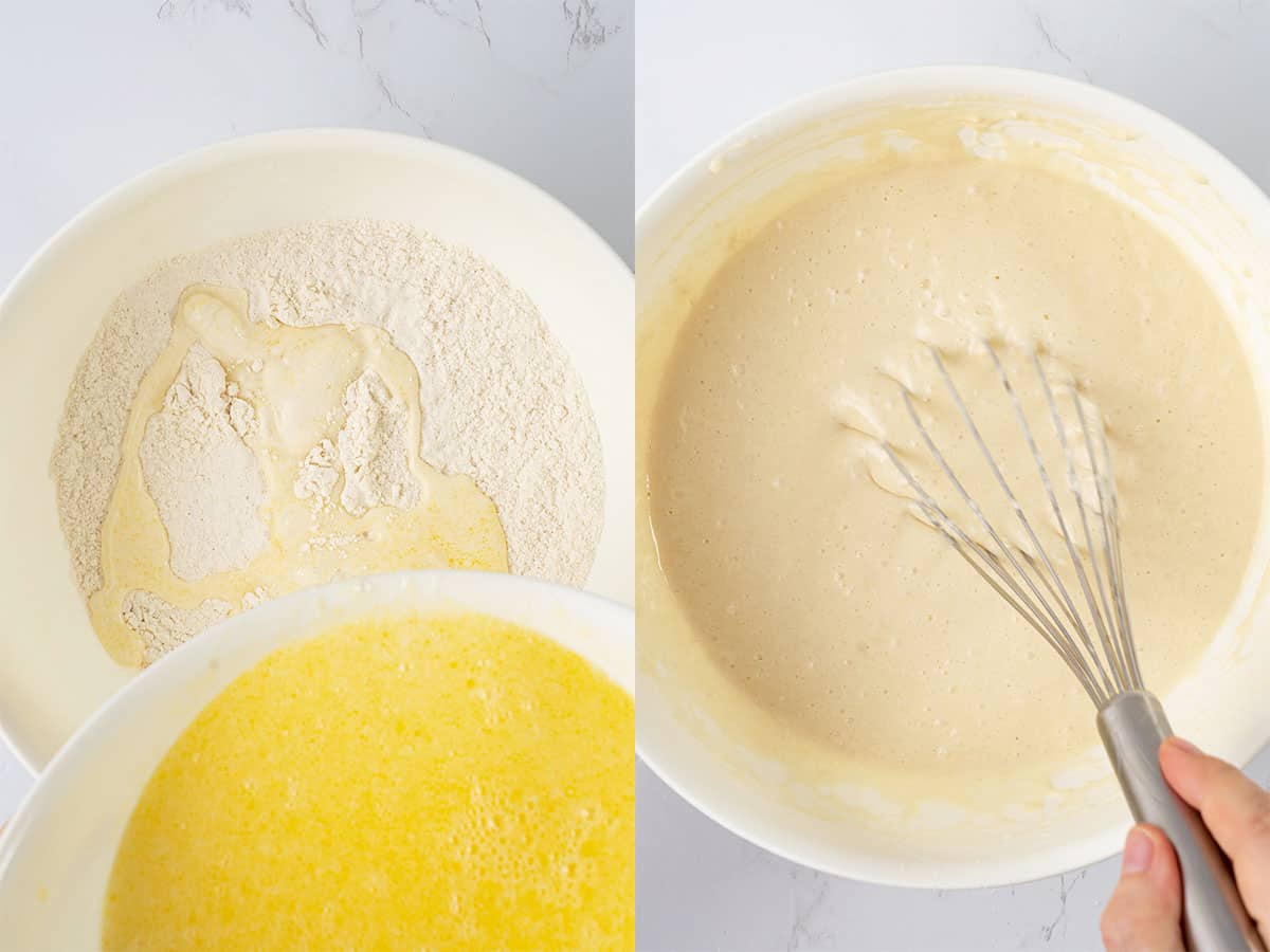 Pour the wet ingredients into the dry mixture and gently mix with a spatula or whisk.