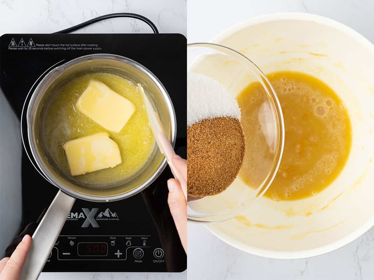 Making brown butter and mixing it with 2 types of sugar.