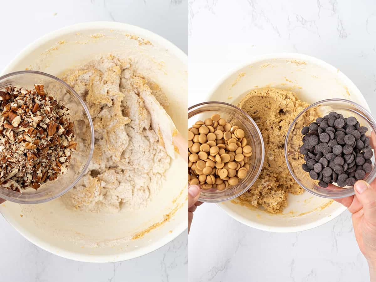 Adding the dry ingredients and the two types of chocolate chips.