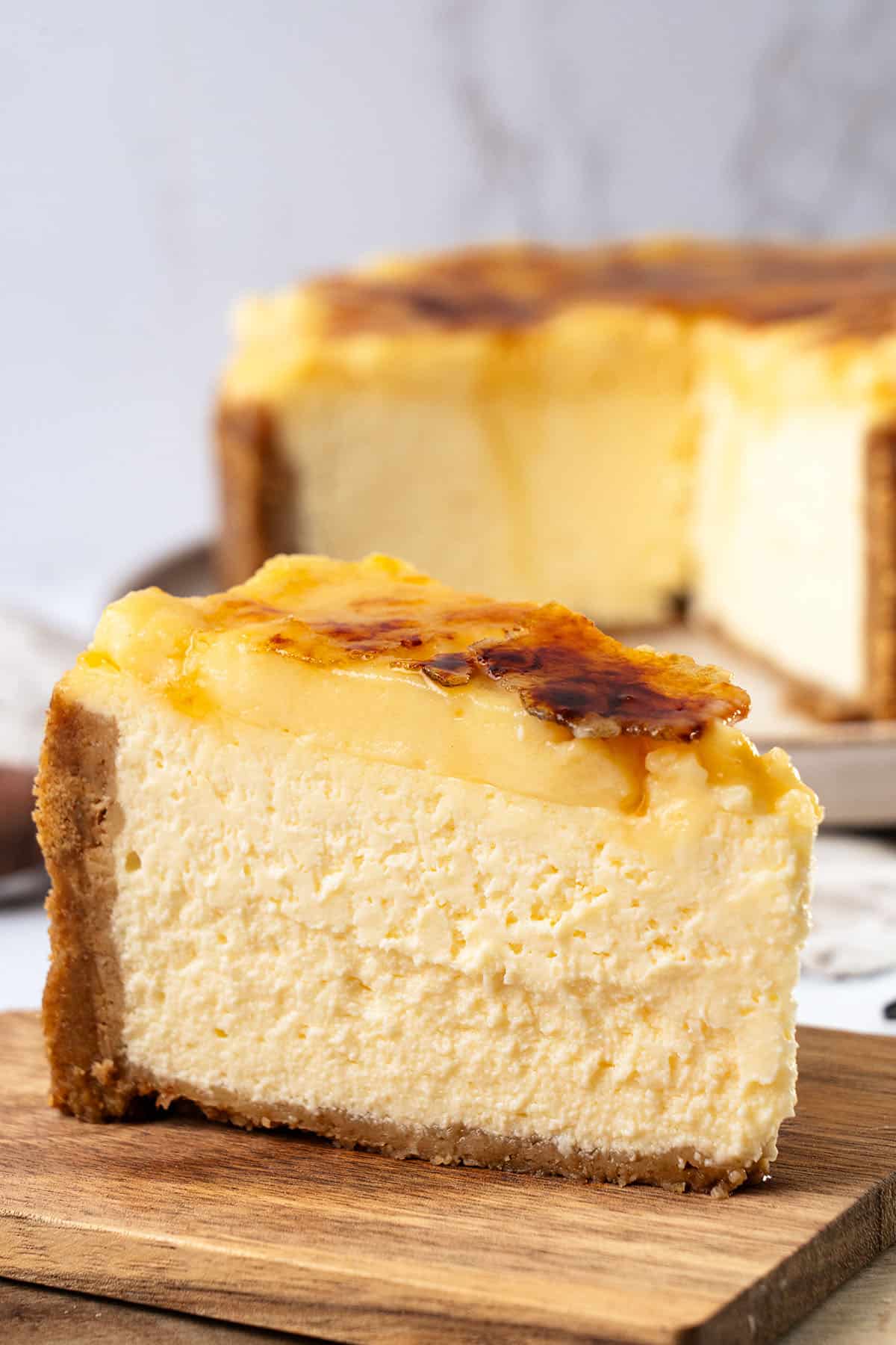 a slice of Creme brulee cheesecake.