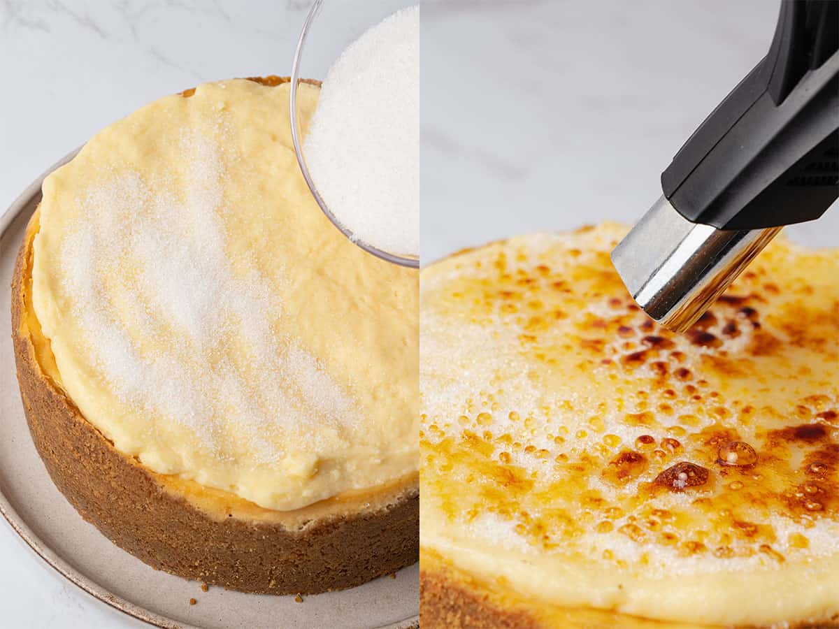 Creme brulee cheesecake process.