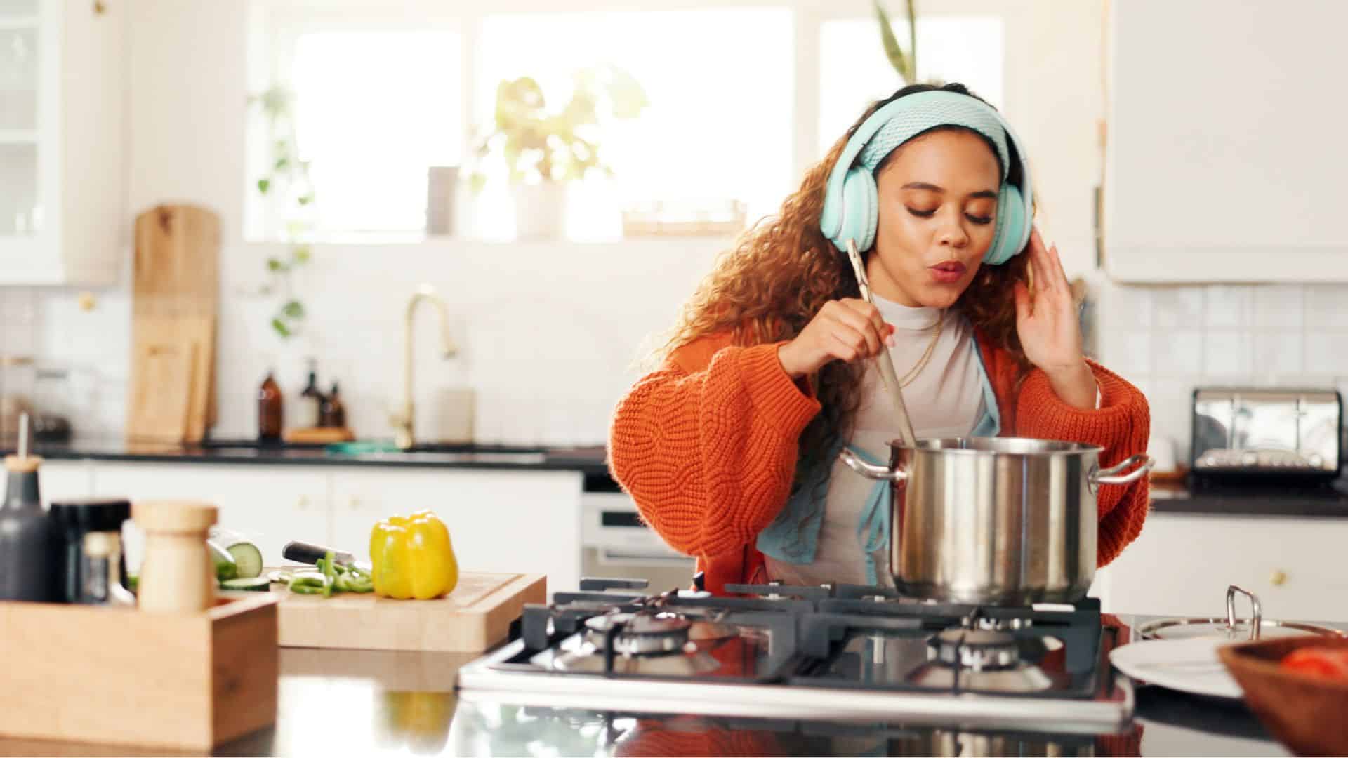 cooking at stove