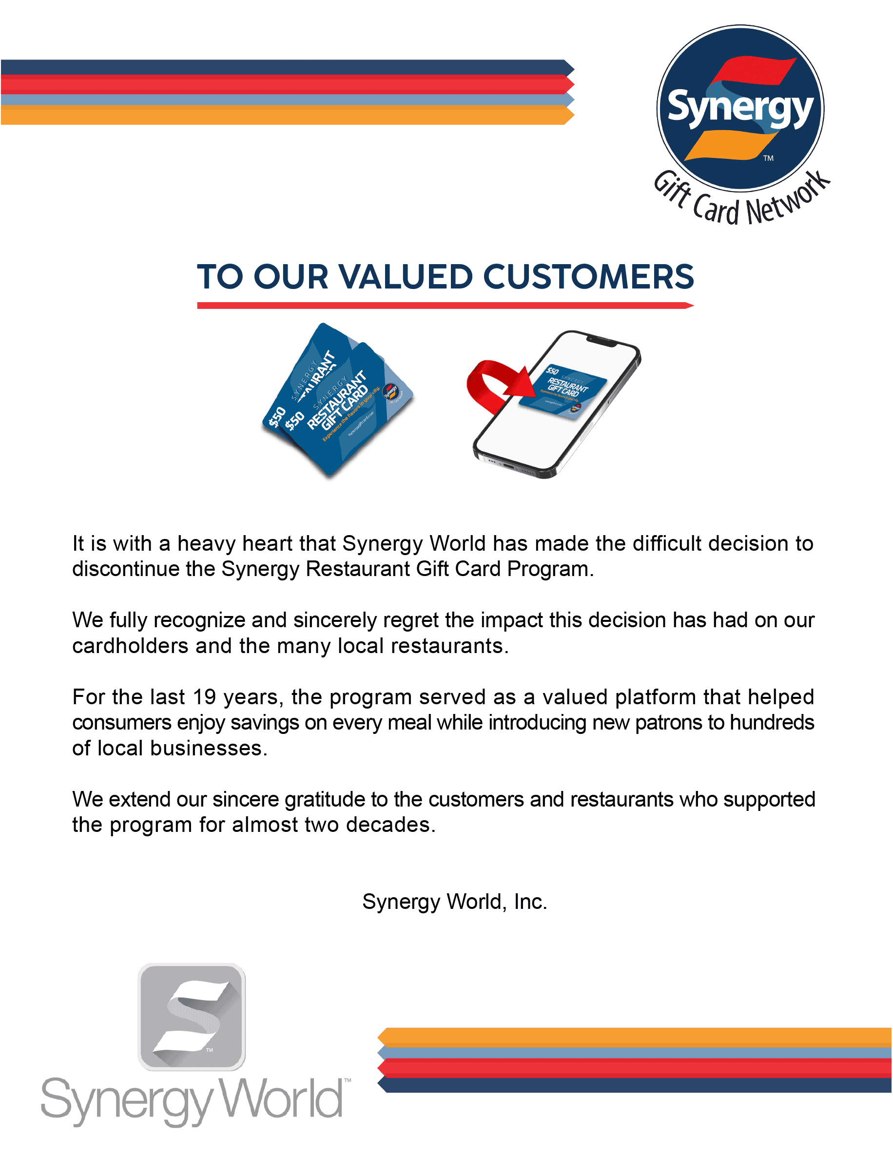letter from Synergy Gift Card