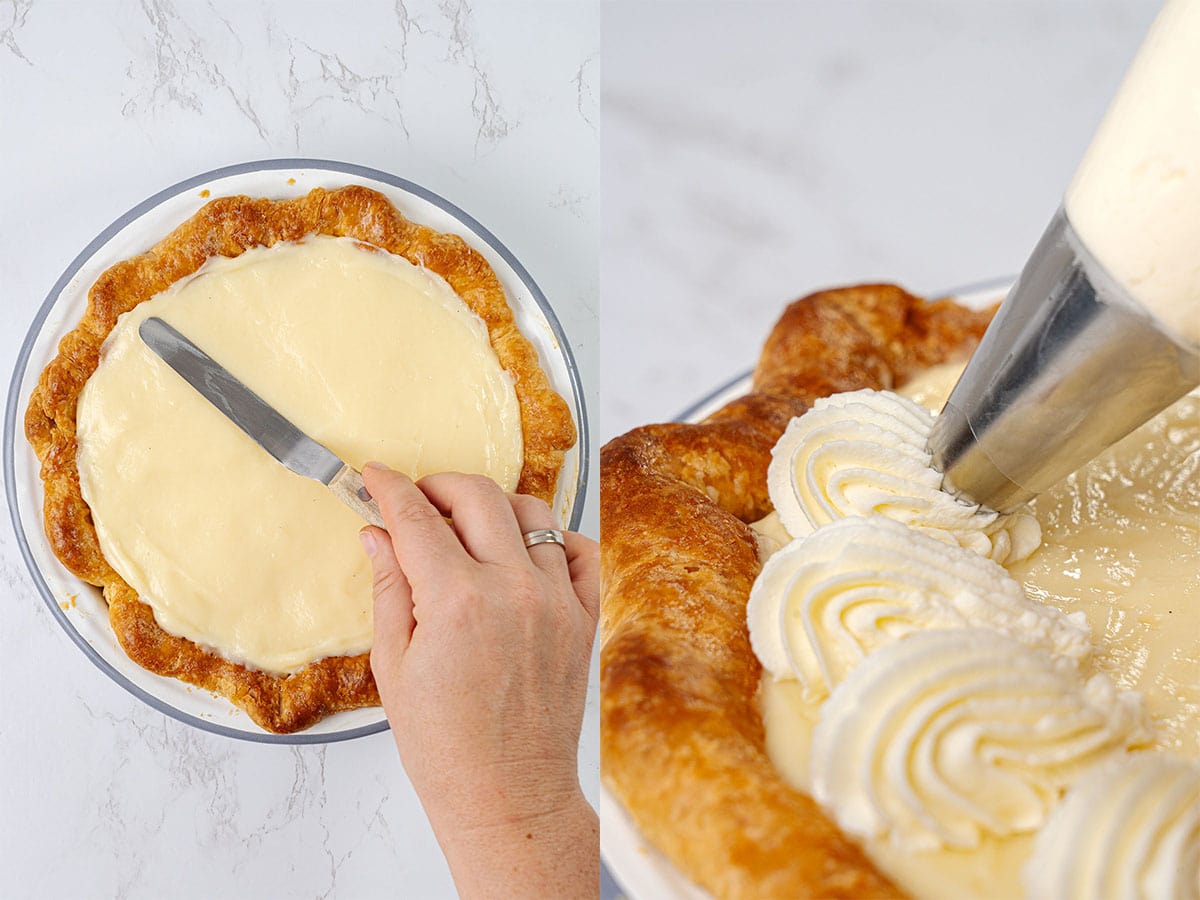 Decorating the banana cream pie.
