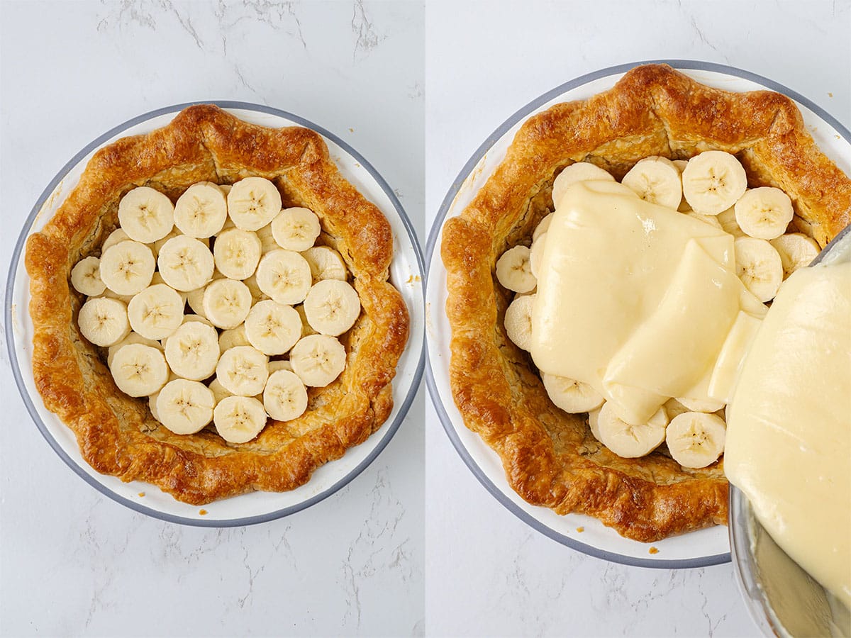 Assembling the banana cream pie.
