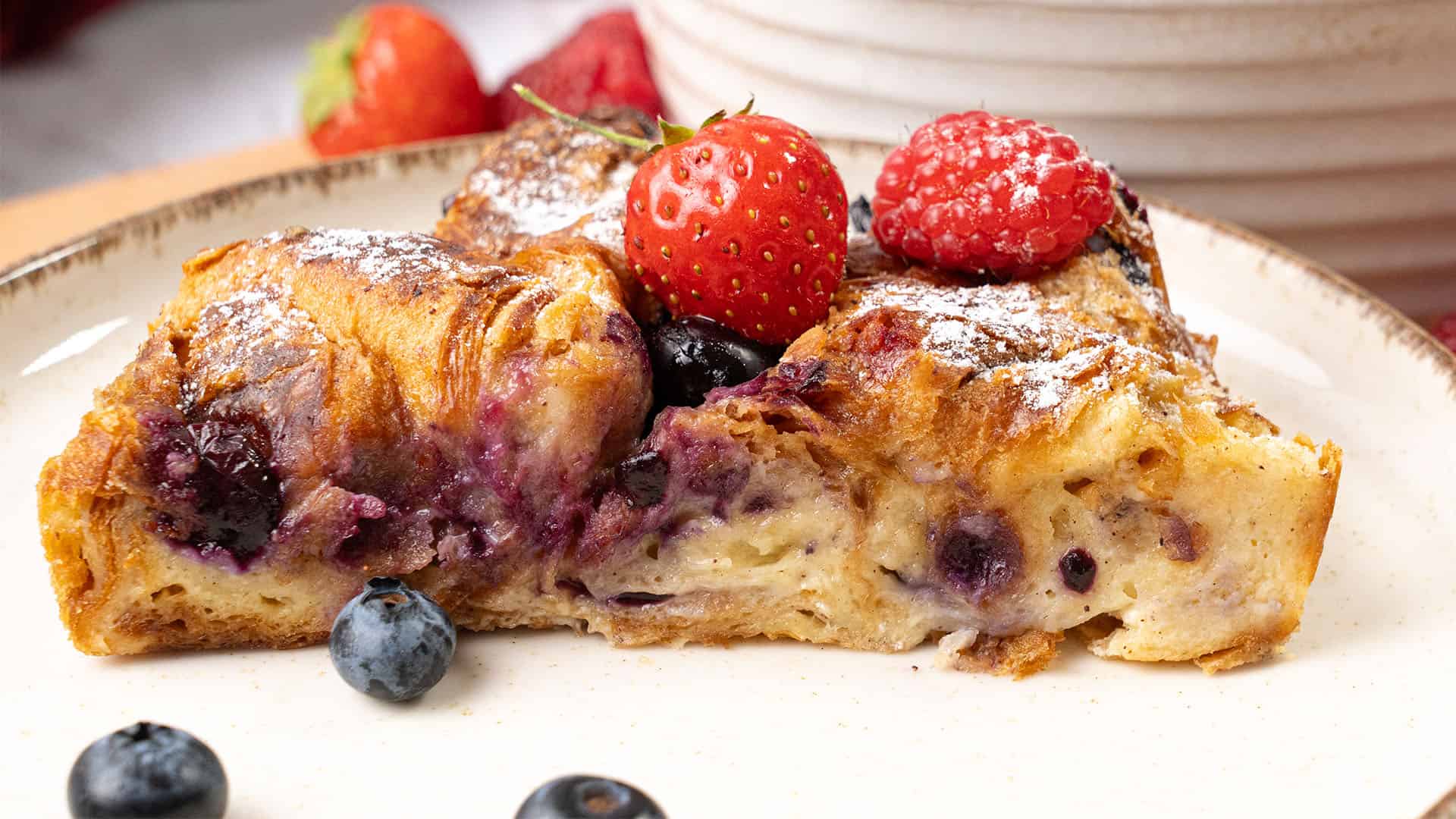 a slice of Croissant French Toast Casserole.