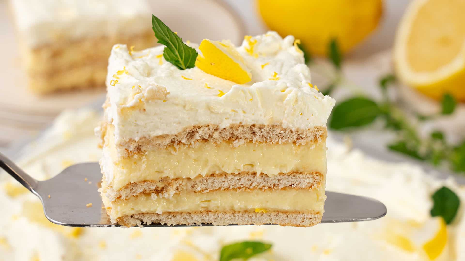 a slice of Lemon Icebox cake.