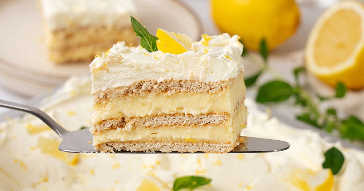 a slice of Lemon Icebox cake.
