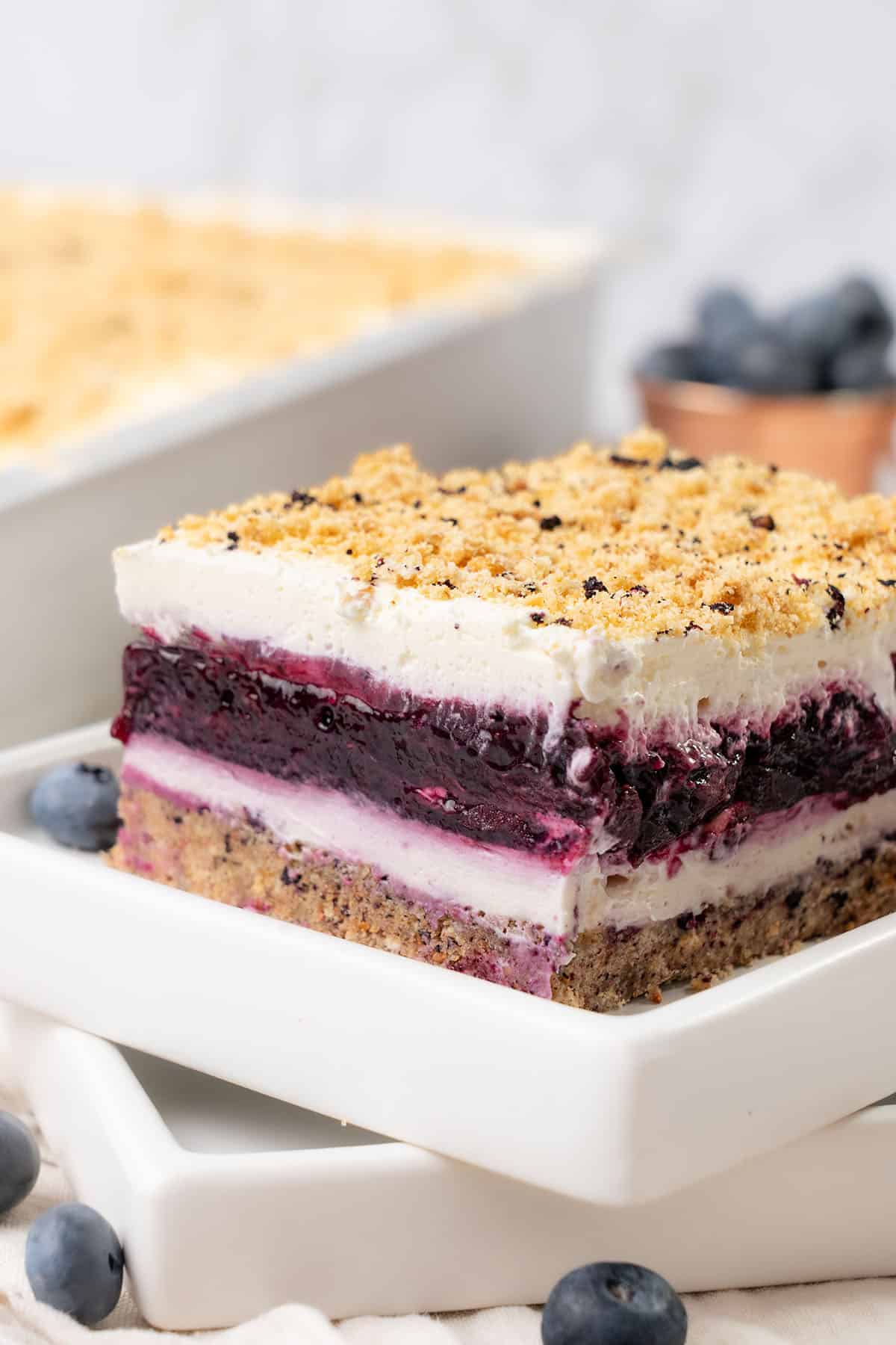 A slice of blueberry delight cake.