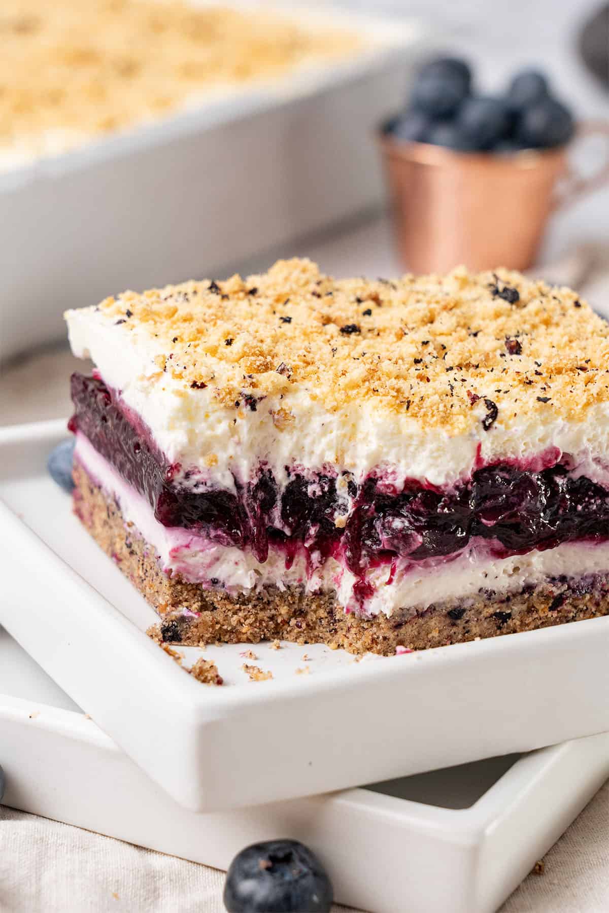A slice of blueberry delight cake.