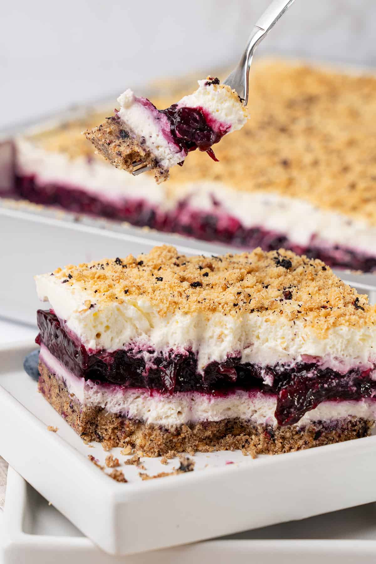 A slice of blueberry delight cake.