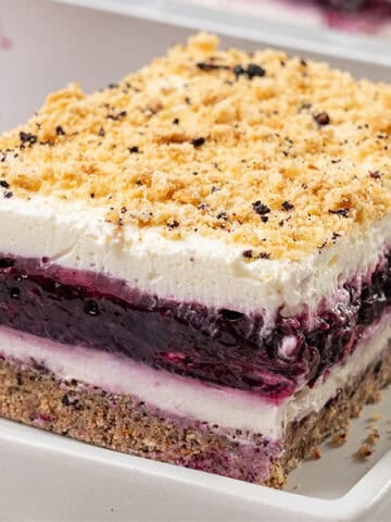 A slice of Blueberry delight cake.
