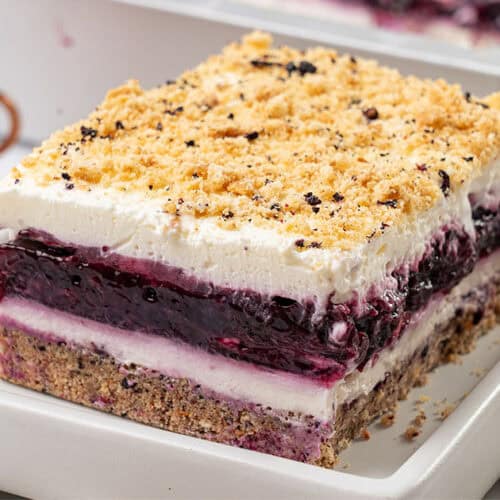 A slice of Blueberry delight cake.