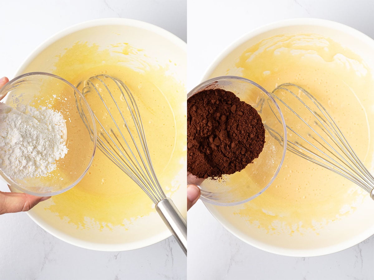 Mixing Egg, sugar, cornstarch, and cocoa.