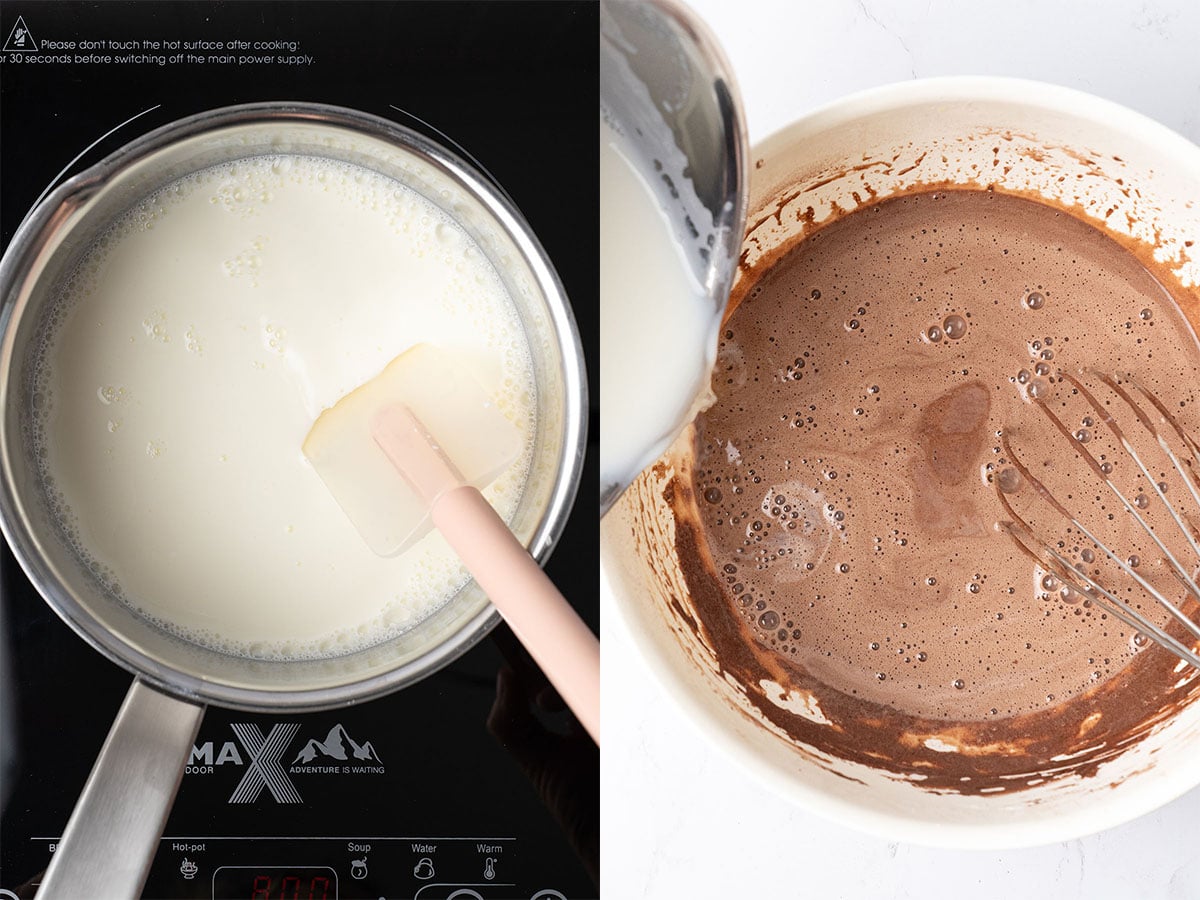 Heat the milk and add it to the mixture.