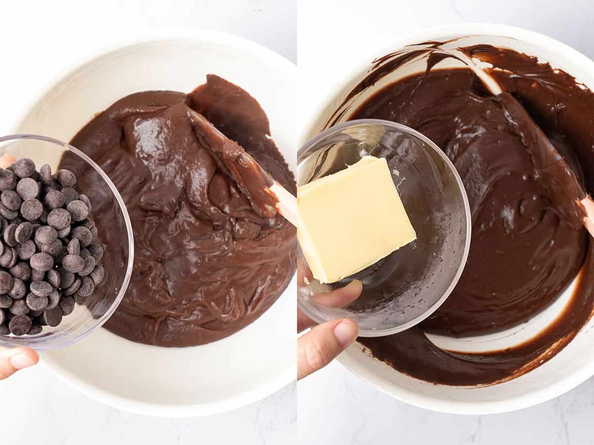 Add chocolate chips and butter.