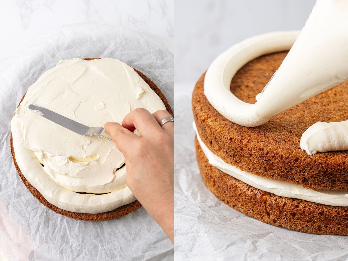 Assembling the carrot cake.