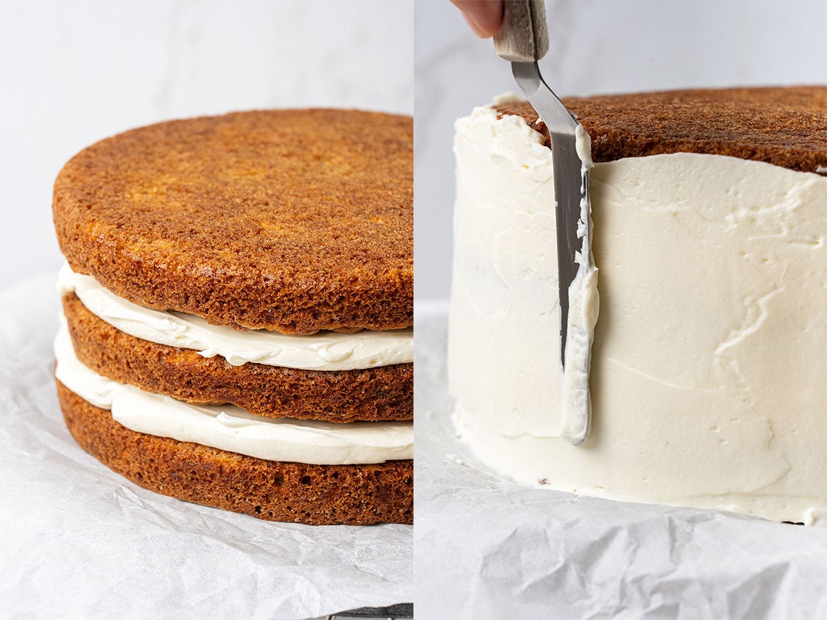 Assembling the carrot cake.