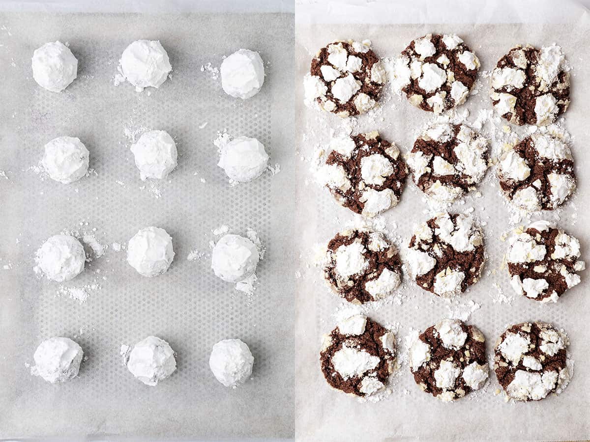 Chocolate crinkle cookie befor and after baking