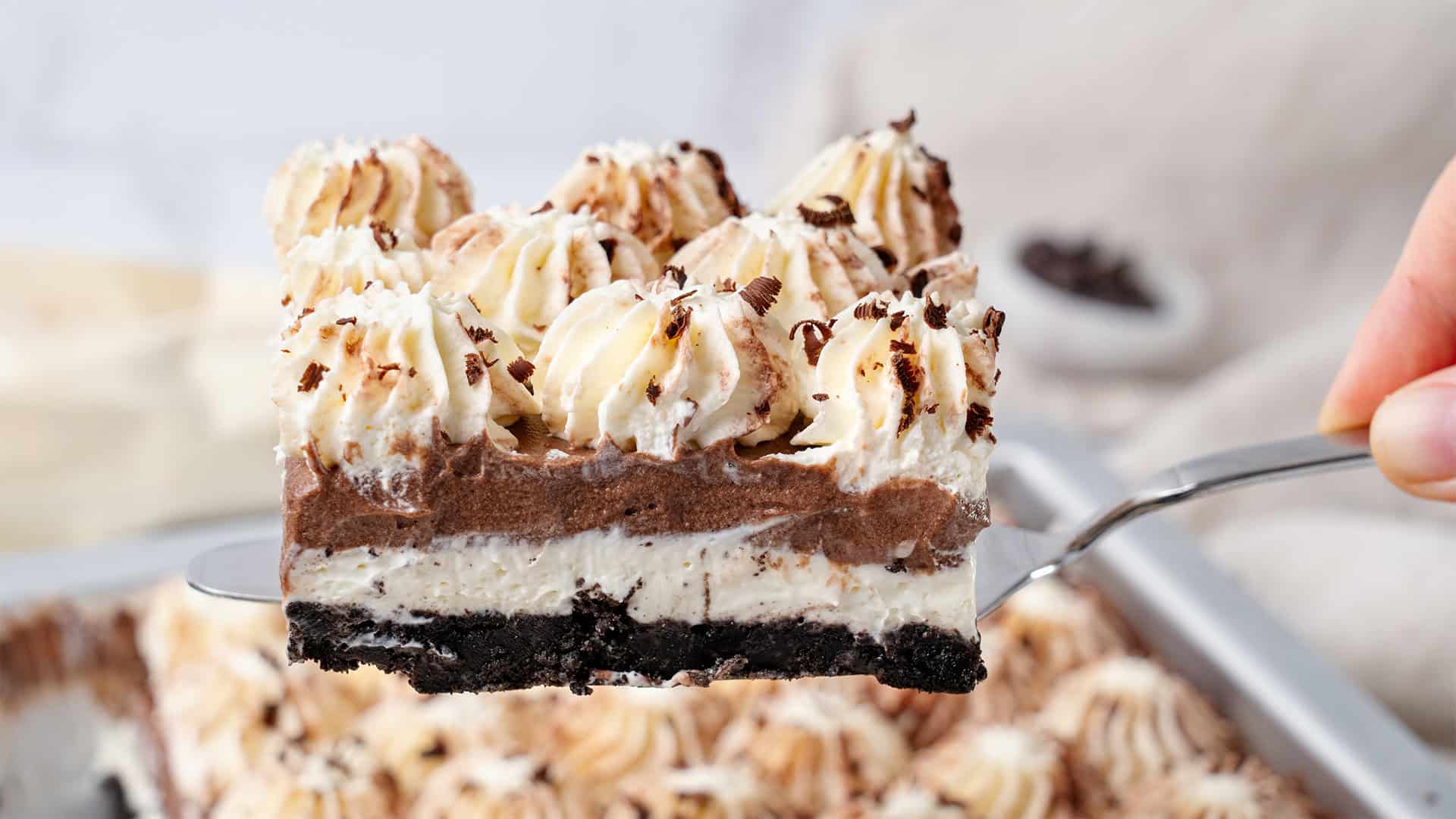 A slice of Chocolate lasagna.