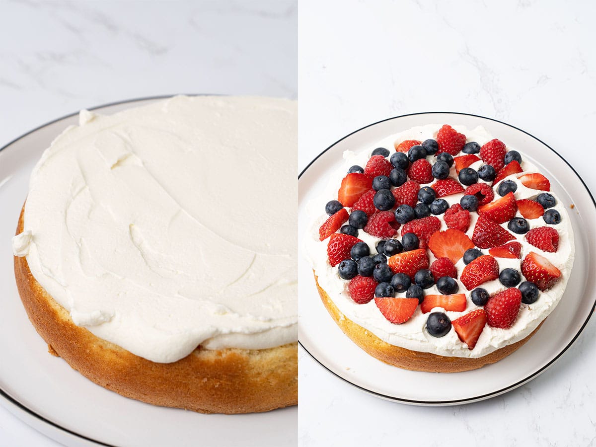 Adding the chantilly cream layer and berries.