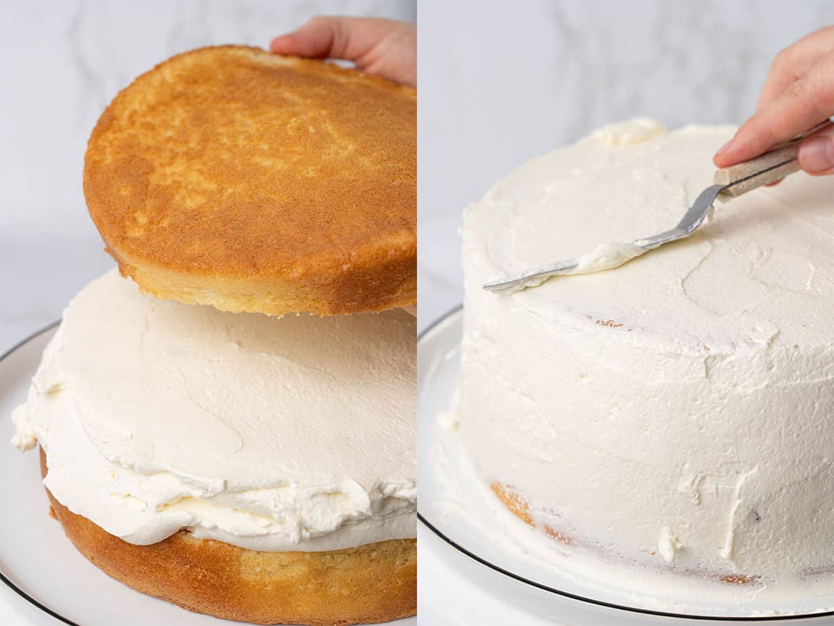 Adding the 2nd sponge layer and frosting.