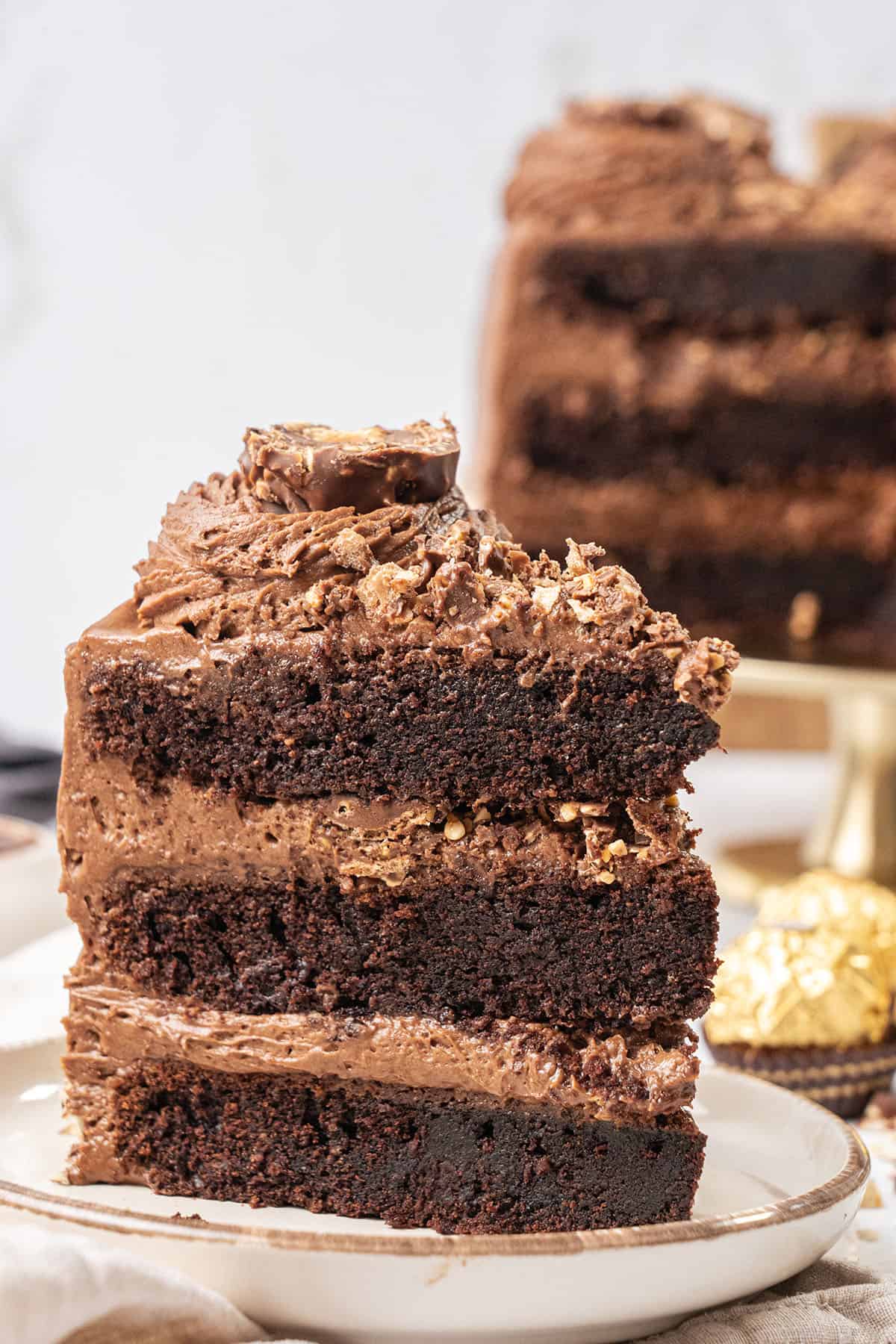 A slice of Ferrero Rocher cake.